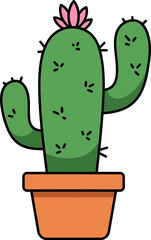 Cute cartoon cactus in terracotta pot blooming