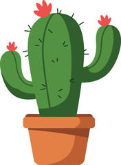 Potted saguaro cactus with pink flowers flat design
