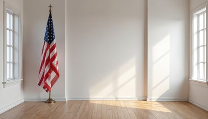 American flag stands in bright white room with wood floors. Sunlight streams through windows, casting shadows on walls. Simple, clean interior evokes rustic farmhouse charm, national pride.