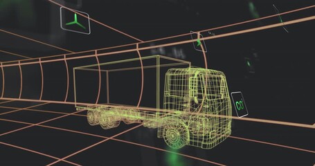 Green energy CO? and charge icons drifting around neon truck as camera shifting simulating data - Powered by Adobe