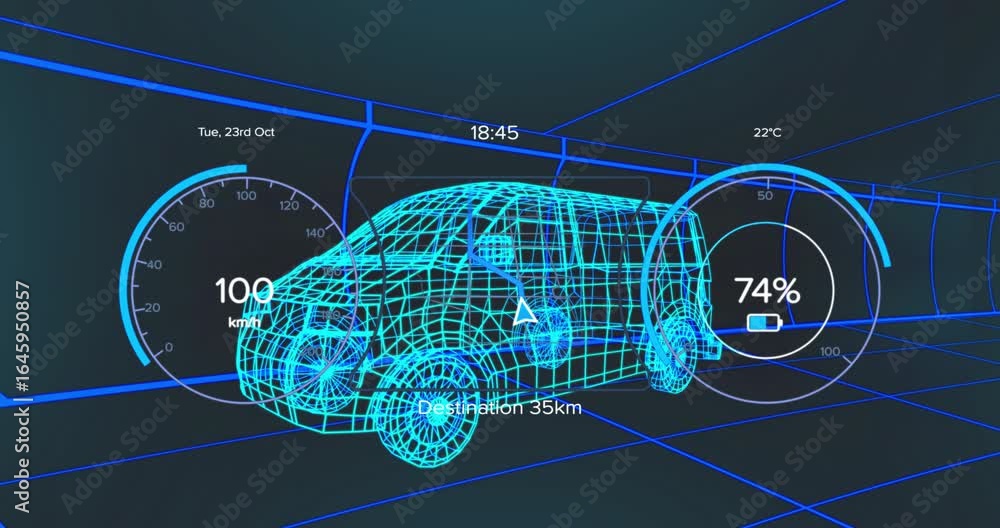 Poster on clock appearing wireframe van hud updating speed climbing and dropping visualizing map progress