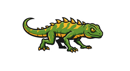 Obraz premium A vibrant green and yellow cartoon lizard with spiky scales, walking confidently on a white background, illustrating prehistoric creatures and fantasy reptiles.
