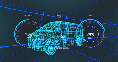On clock appearing wireframe van HUD updating speed climbing and dropping visualizing map progress - Powered by Adobe