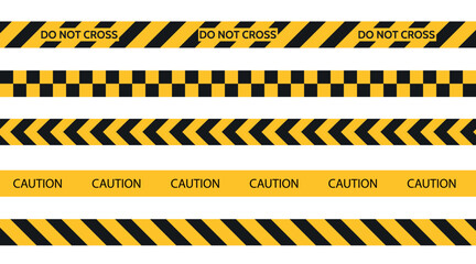Set of safety Caution tapes. Yellow warning tapes. Abstract stripes for police, traffic accidents, and construction sites. Danger tape. Seamless vector collection
