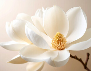 close-up photograph showcases the pristine white petals and vibrant yellow and green center of a blooming magnolia flower. Another slightly blurred magnolia blossom lies in the soft focus background, 