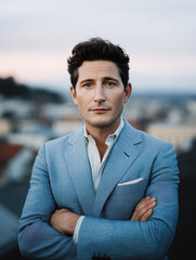 Fototapeta premium A well-dressed man stands confidently with his arms crossed, against a blurred urban backdrop, exuding a sense of sophistication and calm.
