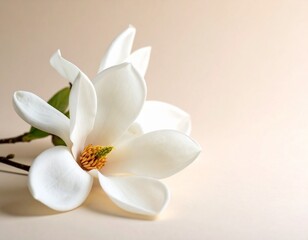 Obraz premium close-up photograph showcases the pristine white petals and vibrant yellow and green center of a blooming magnolia flower. Another slightly blurred magnolia blossom lies in the soft focus background, 