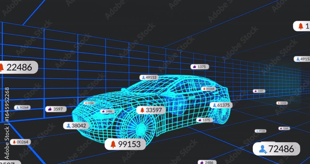 Poster after pop-up appearing, labels floating and counting rising metrics around car showing social surge