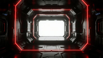 Obraz premium A futuristic spaceship corridor illuminated by red neon lights, featuring geometric metal surfaces and a bright exit at the end.