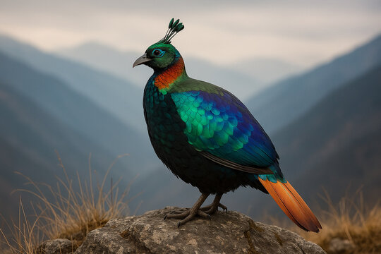 Majestic himalayan monal pheasant perched on a rock