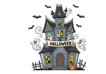 3d illustration of spooky haunted house with ghosts and bats for halloween isolated on transparent background