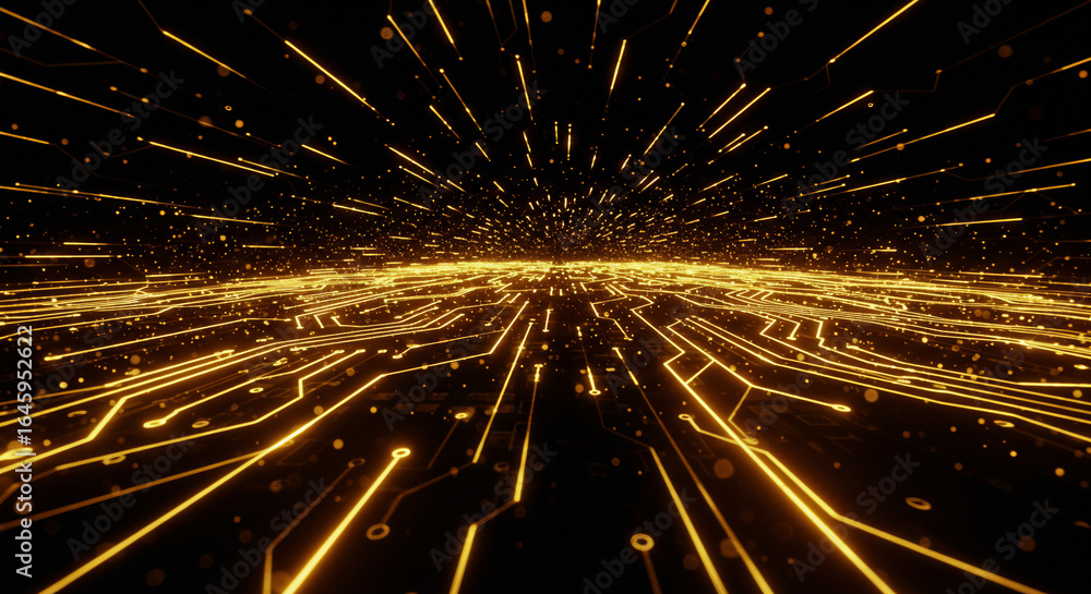 Poster abstract digital landscape with glowing golden lines and light streaks converging towards a distant 