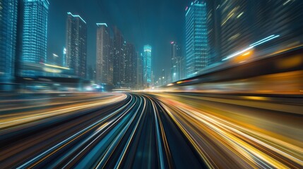 Obraz premium A city with a train moving through it