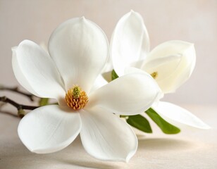 Obraz premium close-up photograph showcases the pristine white petals and vibrant yellow and green center of a blooming magnolia flower. Another slightly blurred magnolia blossom lies in the soft focus background, 