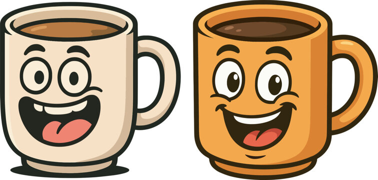 Smiling Coffee Mug Cartoon Characters ☕: A pair of cute and happy mug mascots. Perfect for a coffee shop logo, menu, or stickers.