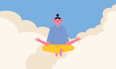 Vector illustration of a person meditating in lotus pose among clouds in the sky. Flat minimal design with peaceful and dreamy atmosphere. Concept of mindfulness, relaxation, meditation, and inner bal