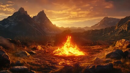 Fototapeta premium Campfire amidst rugged mountains under a golden sunset offering warmth and solitude to wanderers