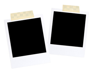  Pair of Diagonally Placed Blank Instant Photos with Transparent Tape Strips Across Centers Isolated on Transparent Background PNG