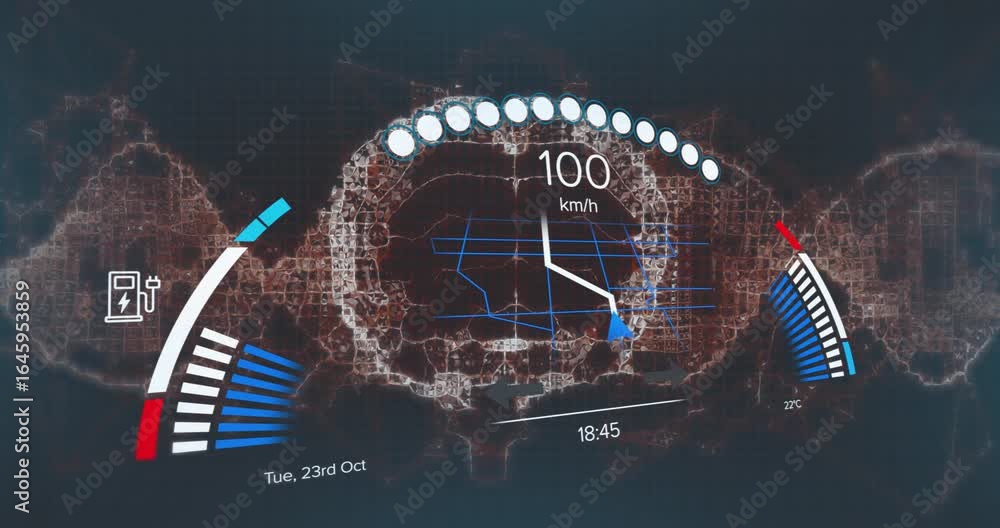 Poster futuristic dashboard powering up and tracking speed rise with indicators for performance monitoring