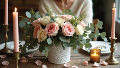 Elegant floral arrangement with pink, white roses, eucalyptus. Soft candlelight illuminates rustic wooden table setting. Ideal for romantic dinners, weddings, special celebrations, creating warm,