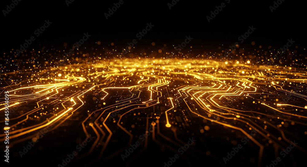 Poster abstract golden lines resembling a circuit board glow against a dark background, suggesting technolo