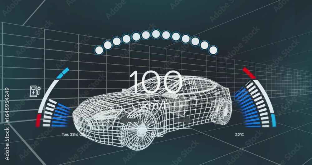 Poster wireframe car speed reading rising triggers gauges and rings showing speeding up then slowing down