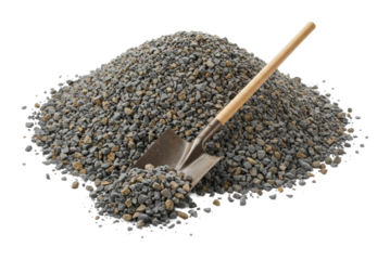 Excavation process of gravel pile with shovel construction site natural environment high angle. Cut out png