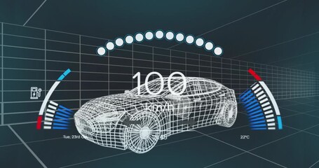 Wireframe car speed reading rising triggers gauges and rings showing speeding up then slowing down - Powered by Adobe