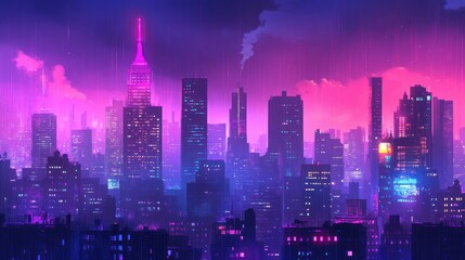 Obraz premium Vibrant cityscape illuminated with neon hues under a dreamy purple and pink sunset