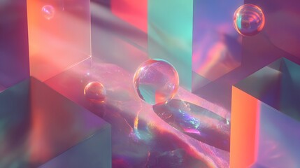 Abstract geometric shapes with vibrant colors and translucent textures.