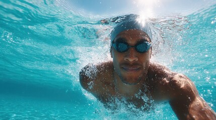 Naklejka premium A man swims underwater in a clear blue pool, showcasing his athleticism and focus. The scene captures a sense of freedom and enjoyment in water activities.