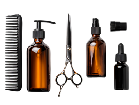 Barber tools and amber bottles isolated on transparent background