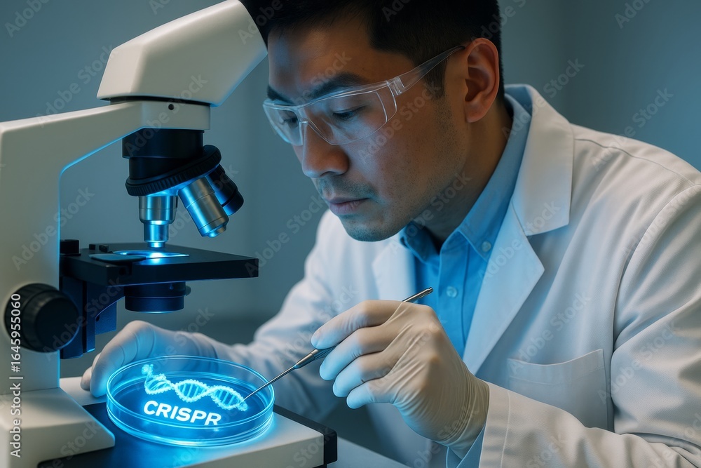 Poster scientist examining crispr dna sample under microscope in high-tech lab with glowing blue light on f