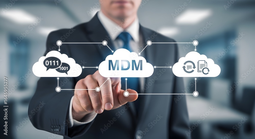 Aufkleber professional businessman interacting with a digital cloud interface representing mdm data management