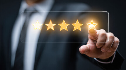 A business professional interacts with a digital interface showcasing five glowing stars, symbolizing high ratings or customer feedback.