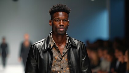 Obraz premium Handsome Black male model walks runway at fashion week event, wearing stylish leather jacket over printed shirt. Capturing modern fashion industry trends, with blurred audience in background. Elegant