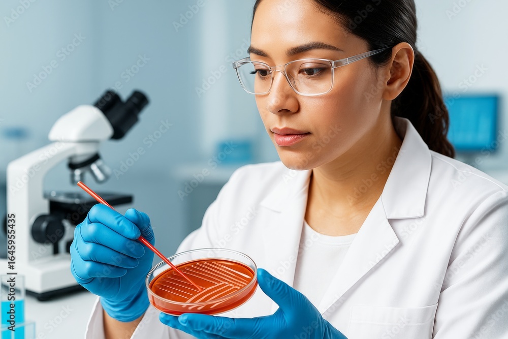 Aufkleber female scientist analyzing bacterial culture in petri dish in laboratory setting with microscope and