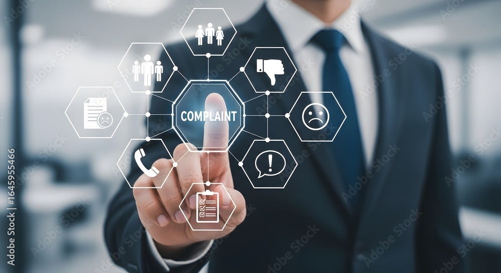 Aufkleber businessman interacting with digital interface, touching 