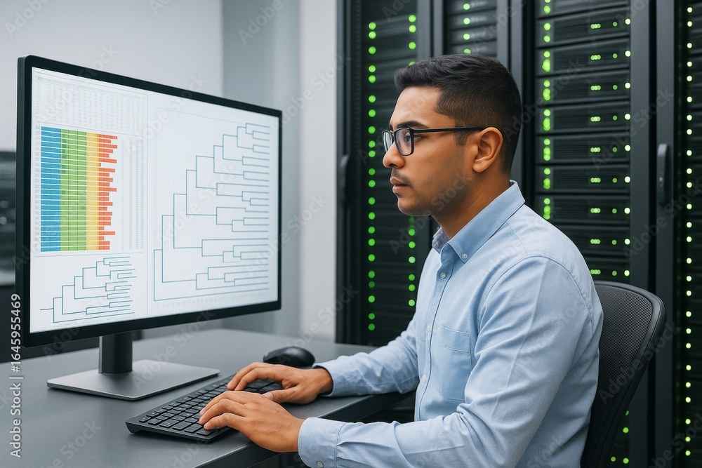 Poster data scientist analyzing colorful phylogenetic tree diagrams on monitor in modern server room enviro