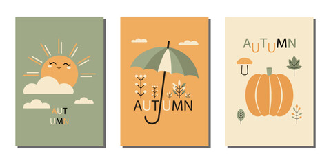 A set of autumn, fashion posters using typography, geometric autumn elements. Vector templates for branding, advertising, banner, cover, postcard.