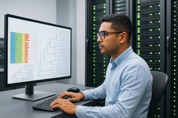 Data scientist analyzing colorful phylogenetic tree diagrams on monitor in modern server room environment for computational biology concept. Ai generative