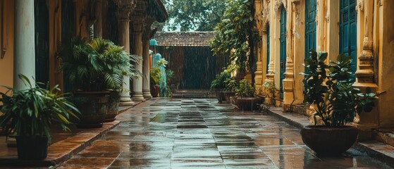 A narrow street with potted plants and a building