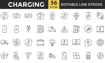 Charging Line Icon Set. Pixel perfect and Outline Editable Stroke Icons collection for Battery, Power, Electric, Charging Station, USB, Energy, Plug, Socket, Voltage, Recharge, Mobile, Electronics