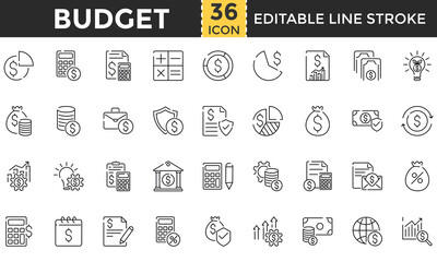 Budget Line Icon Set. Pixel perfect and Outline Editable Stroke Icons collection for Finance, Money, Expense, Cost, Revenue, Savings, Investment, Income, Expense Report, Balance Sheet, Accounting