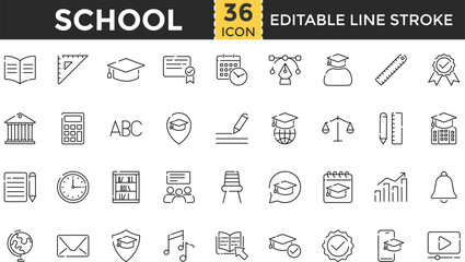 School Line Icon Set. Pixel perfect and Outline Editable Stroke Icons collection for Education, Learning, Student, Teacher, Classroom, Blackboard, Exam, College, University, Library, Books, Backpack