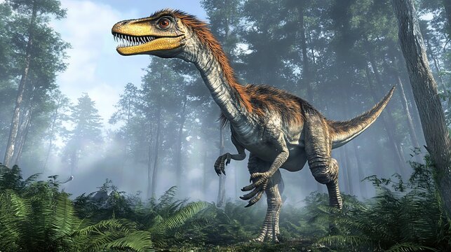 Austroraptor Dinosaur in Misty Prehistoric Forest