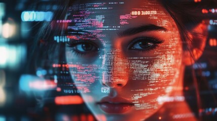 Woman's face overlaid with digital code