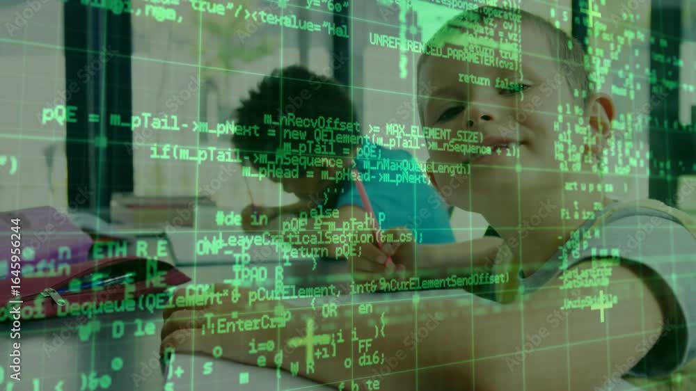 Aufkleber two boys writing with red pencil in study room showing scrolling green code overlay then smiling