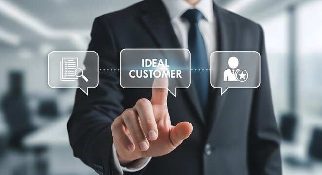 Businessman targeting ideal customer profile with digital search and selection for business growth and success, demonstrating strategic planning and market analysis.