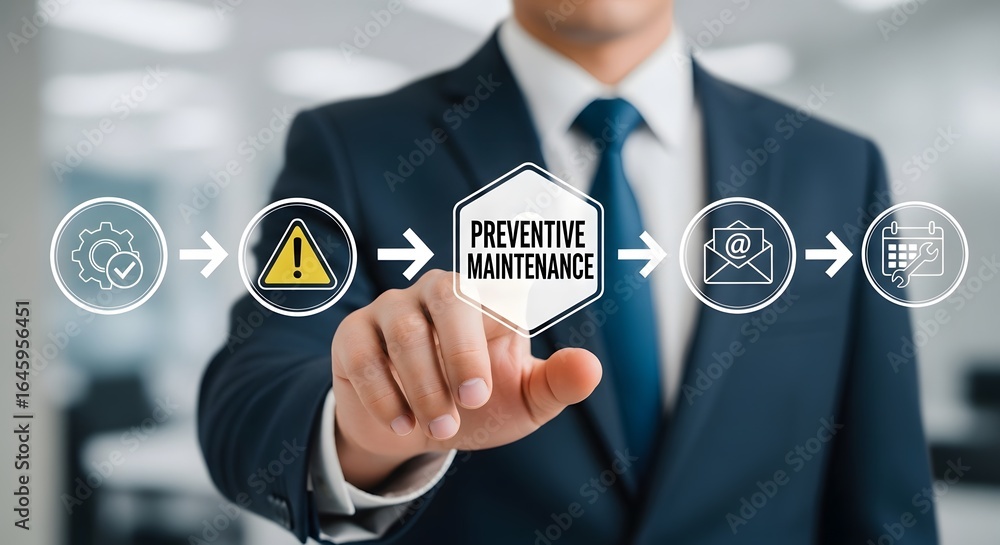 Poster business professional engaging with digital workflow icons for preventive maintenance, optimizing op